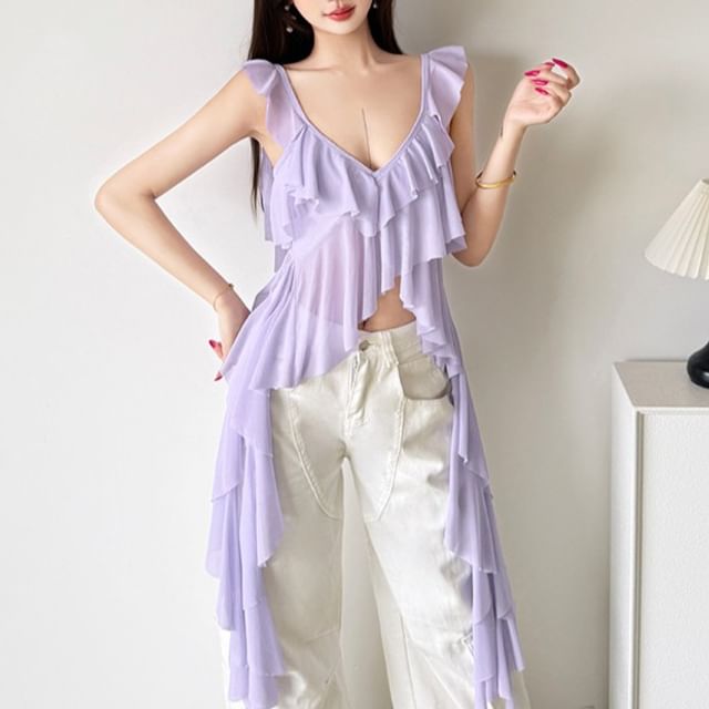 Allinya-V-Neck Plain Asymmetrical Ruffle Crop Camisole Top