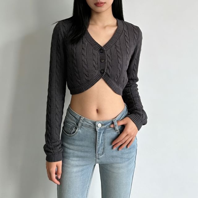 Allinya-V-Neck Plain Cable Knit Cropped Cardigan