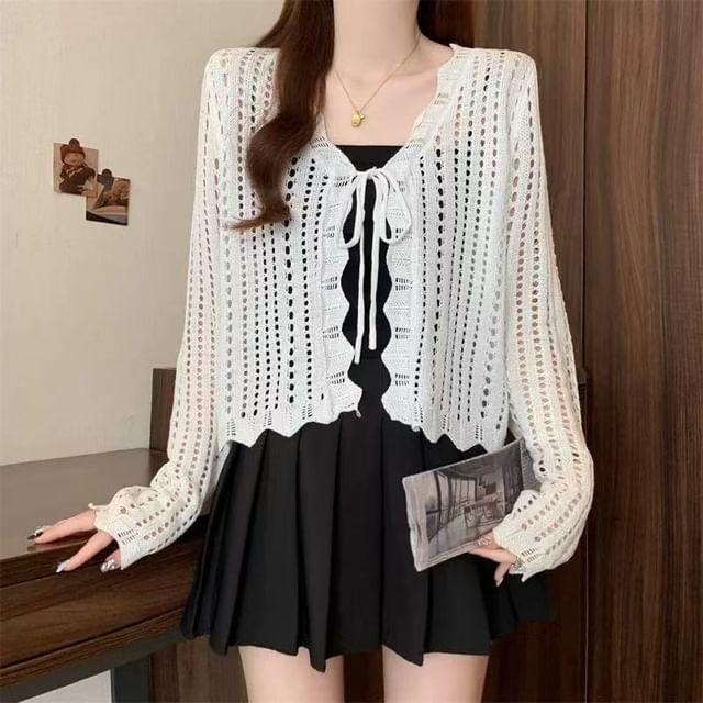 Allinya-V-Neck Plain Pointelle Knit Lace-Up Cardigan