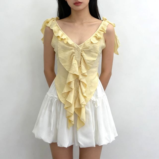 Allinya-V-Neck Ruffle Trim Button-Up Plain Crop Tank Top