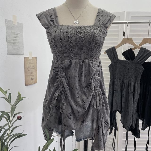 Allinya-Wide Strap Plain Distressed Asymmetrical Smocked Top