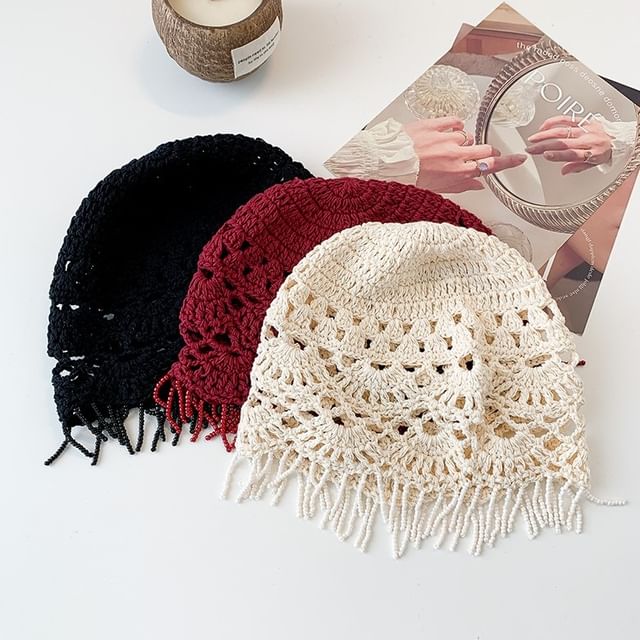 Amandier-Fringe Crochet Knit Hat