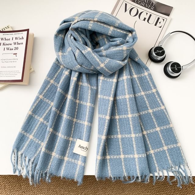 Amandier-Plaid Fringed Knit Scarf