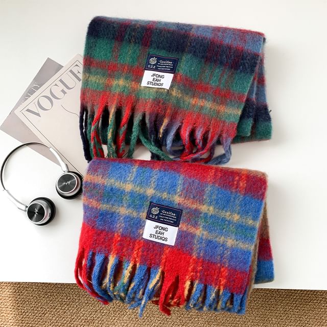 Amandier-Plaid Fringed Scarf
