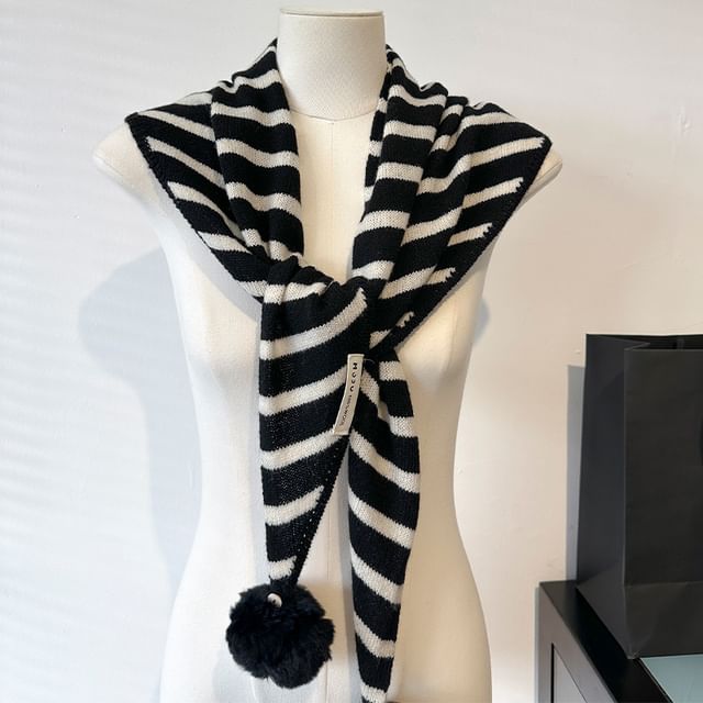 Amandier-Striped Pom Pom Triangle Knit Scarf