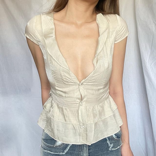 Amyway-Cap Sleeve Deep Plunge Plain Peplum Blouse