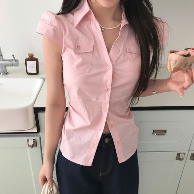 Amyway-Cap-Sleeve Plain Pocket Front Shirt