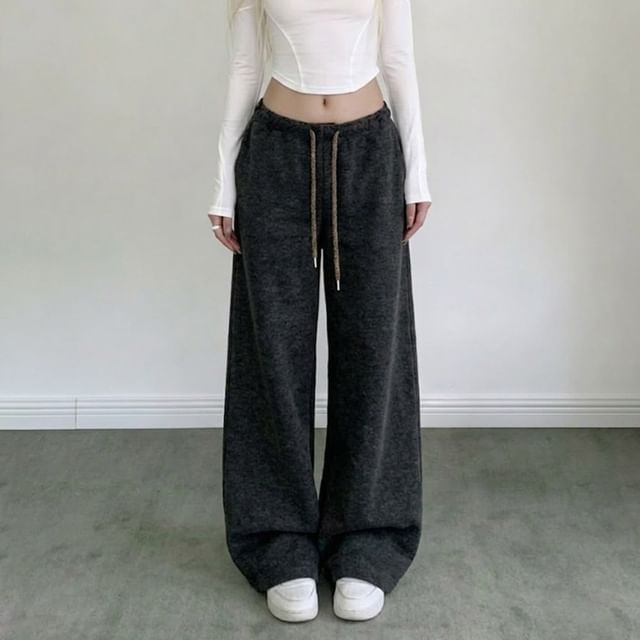 Amyway-Drawstring Waist Plain Wide Leg Sweatpants