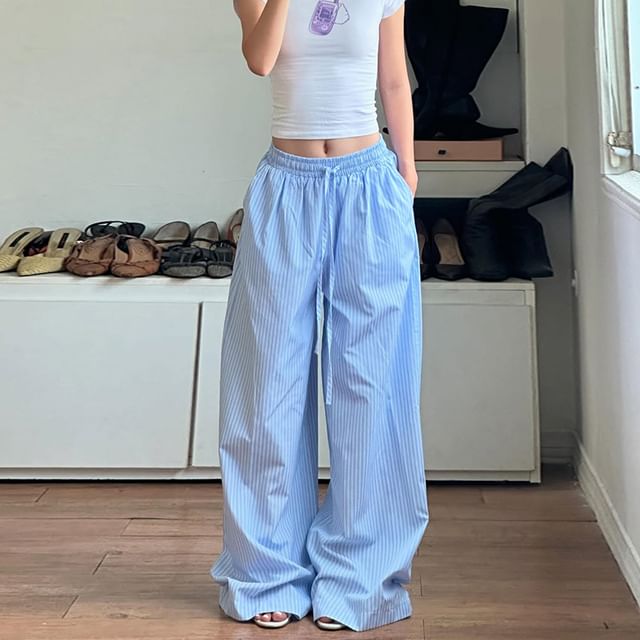 Amyway-Drawstring Waist Striped Wide Leg Pants