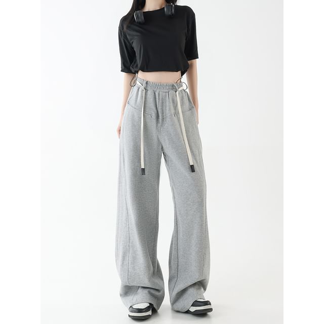 Amyway-Elastic Waist Plain Baggy Sweatpants