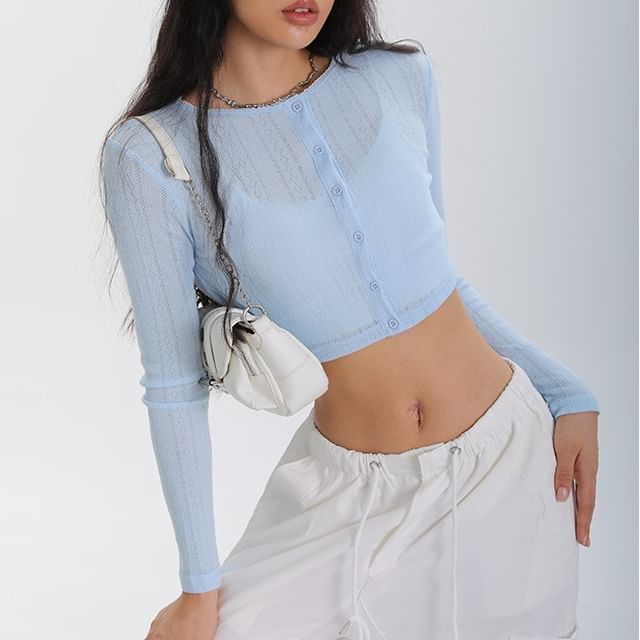 Amyway-Long-Sleeve Button-Up Plain Crop Top