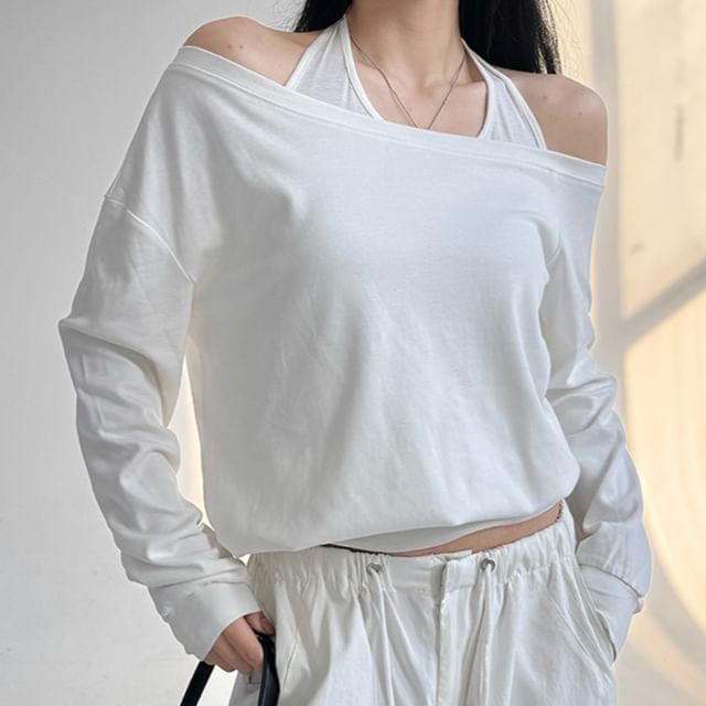 Amyway-Long Sleeve Cold Shoulder Plain Mock Two Piece Top