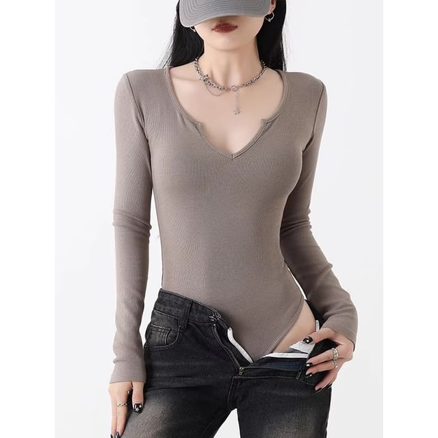 Amyway-Long-Sleeve Notch Neck Plain Ribbed Bodysuit Top