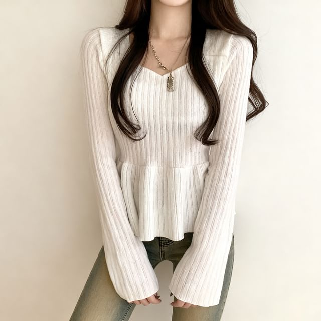 Amyway-Long-Sleeve Plain Ribbed Peplum Tee