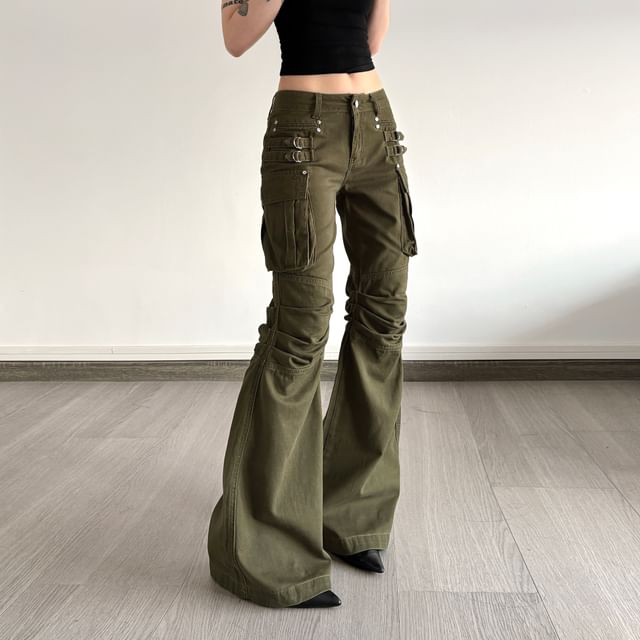 Amyway-Low Waist Plain Flared Cargo Pants