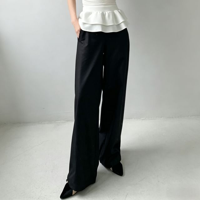 Amyway-Mid Waist Plain Straight Leg Sweatpants