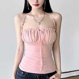 Amyway-Plain Ruched Beaded Halter Top