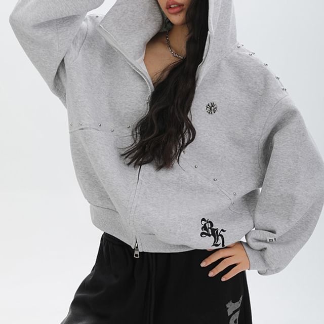 Amyway-Pointed Ear Studded Zip-Up Hoodie