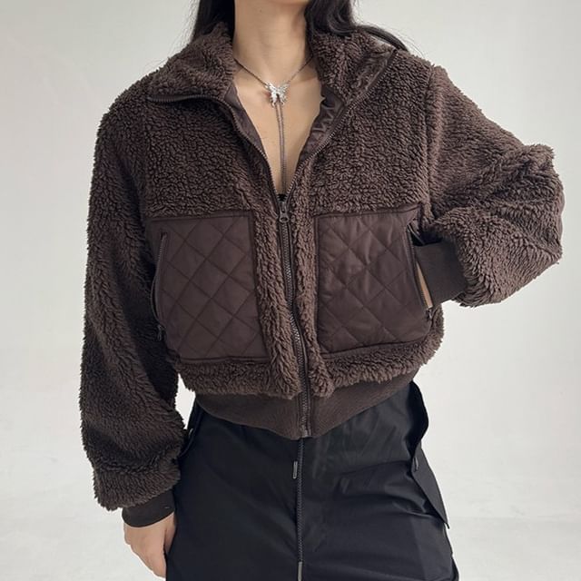 Amyway-Stand Collar Quilted Panel Zip-Up Plain Fleece Crop Jacket