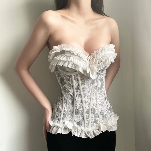 Amyway-Strapless Lace Ruffle Trim Bustier Top