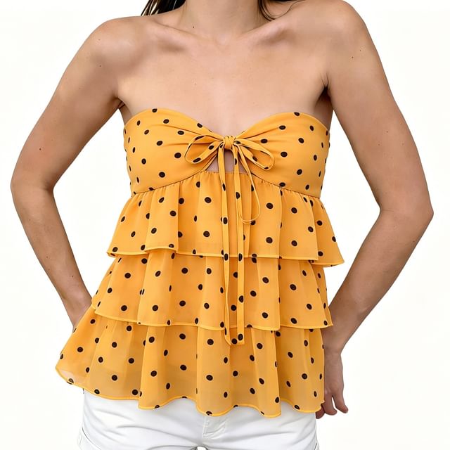 Amyway-Strapless Polka Dot Ruffle Crop Top