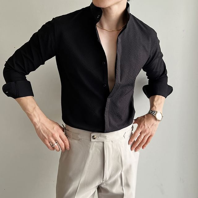 Andrei-Long-Sleeve Stand Collar Plain Shirt