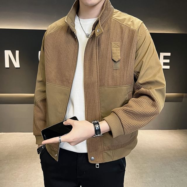 Andrei-Stand Collar Knit Panel Zip Jacket