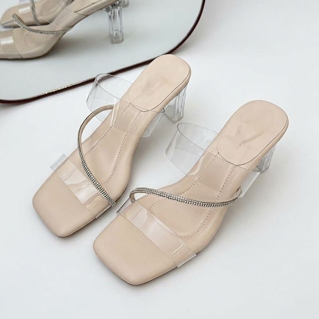 Anjay-Block Heel Square Toe PVC Strap Slide Sandals