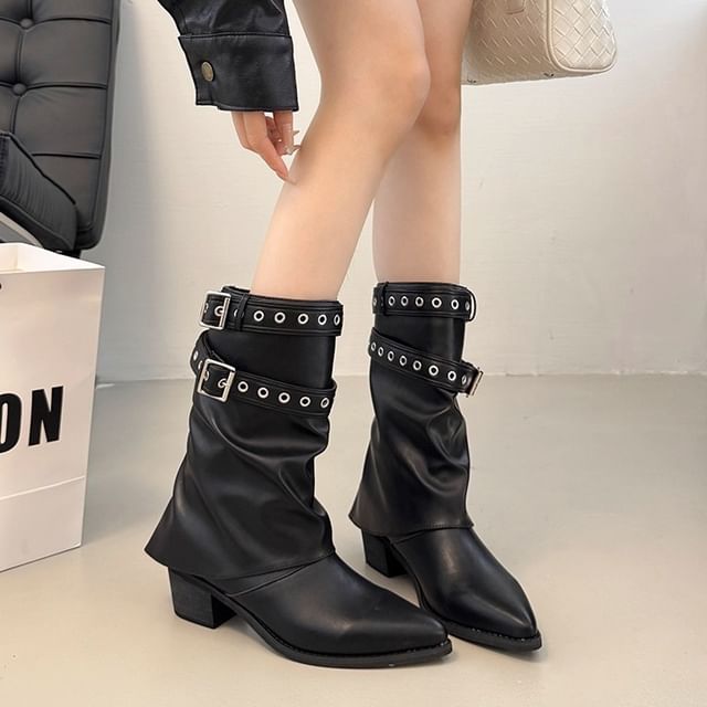 Anjay-Grommet Buckled Chunky Heel Mid-Calf Boots