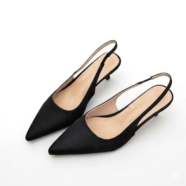 Anjay-Pointed Toe Slingback Satin Kitten Heel Pumps
