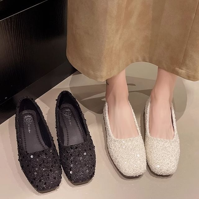 Anjay-Square Toe Plain Sequin Flats