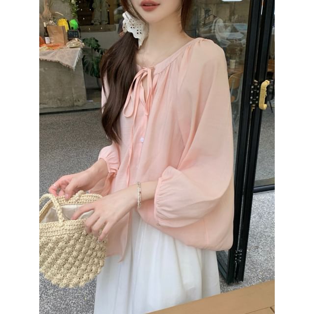 ANORA-34 Sleeve Tie Neck Plain Gathered Blouse