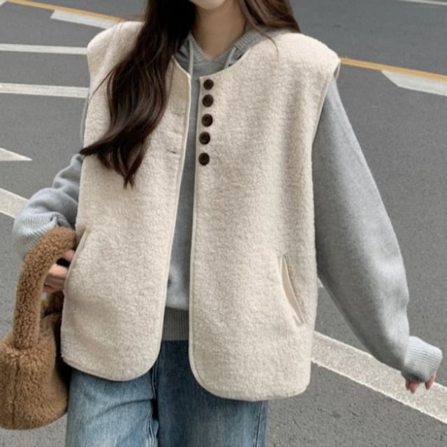 ANORA-Button-Up Fleece Plain Vest