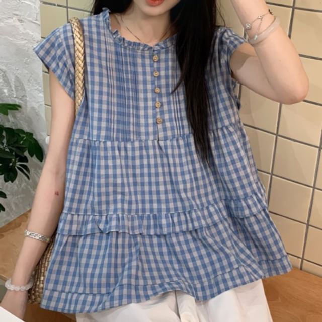 ANORA-Cap Sleeve Round Neck Plaid Pintuck Ruffle Panel Blouse