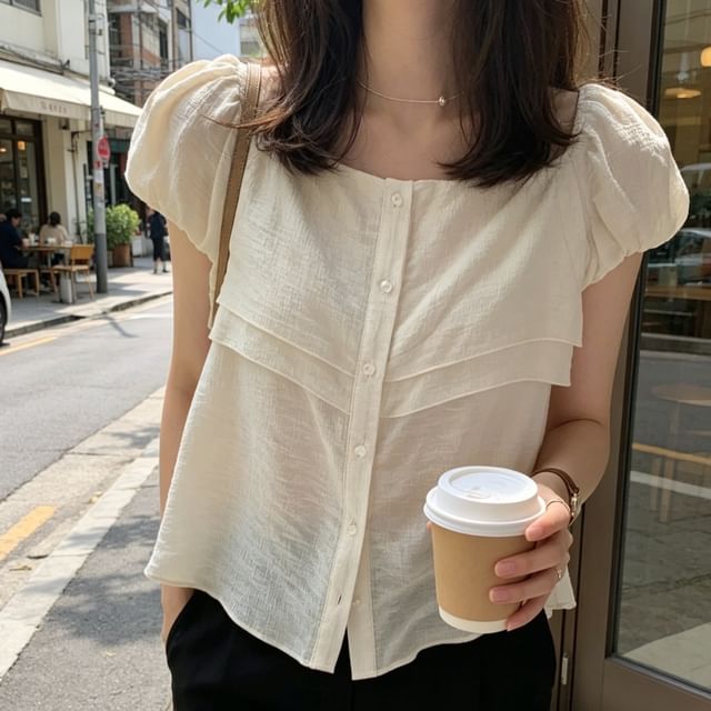 ANORA-Cap Sleeve Square Neck Plain Panel Blouse