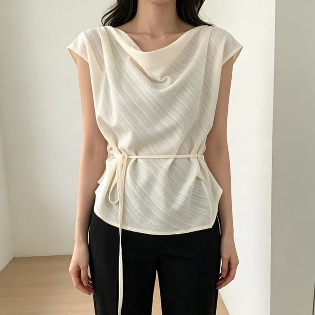 ANORA-Cap-Sleeve V-Neck Draped Plain Top