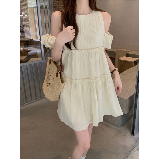 ANORA-Cold Shoulder Plain A-Line Dress