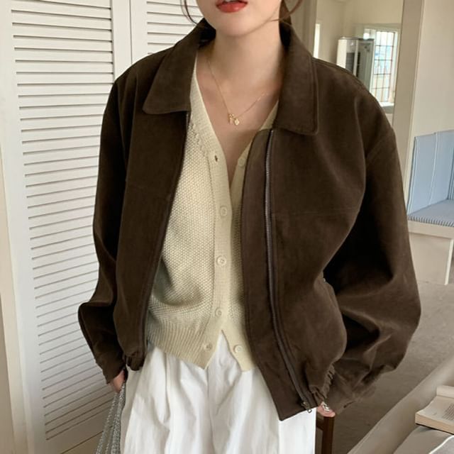 ANORA-Collared Plain Faux Suede Zip Jacket