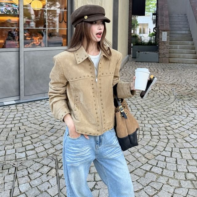 ANORA-Collared Studded Zip-Up Plain Faux Suede Jacket