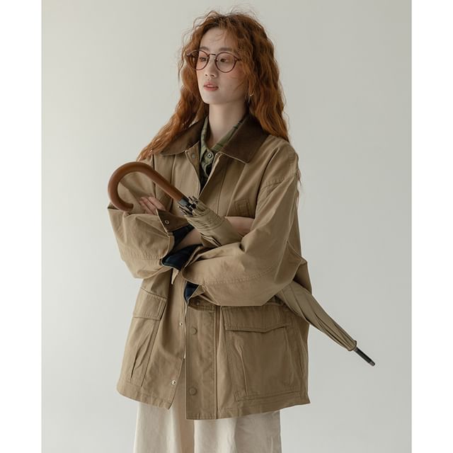 ANORA-Contrast Collar Zip-Up Barn Jacket