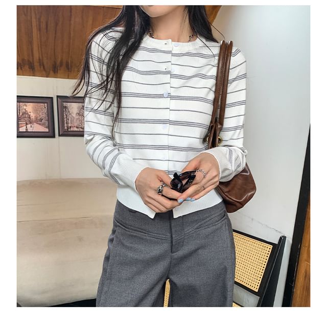 ANORA-Crewneck Striped Button-Up Cardigan