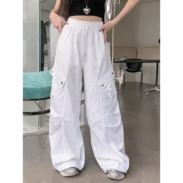 ANORA-Drawstring Waist Plain Baggy Cargo Pants