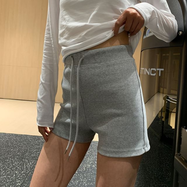 ANORA-Drawstring Waist Plain Hot Pants