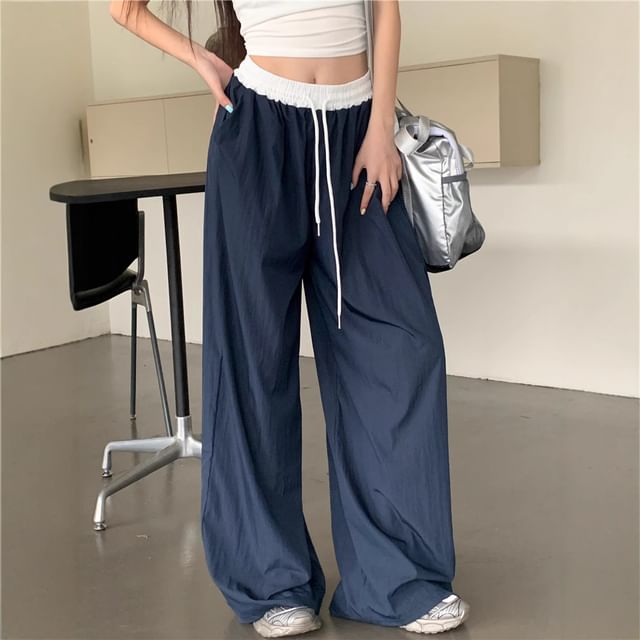 ANORA-Drawstring Waist Two Tone Wide Leg Pants