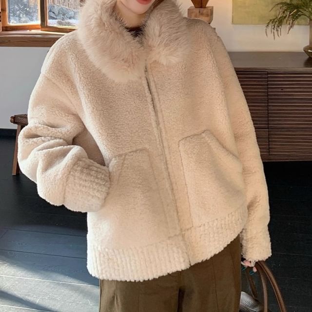 ANORA-Faux Fur Zip-Up Cardigan