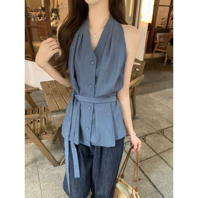 ANORA-Halter Plain Tie-Waist Blouse
