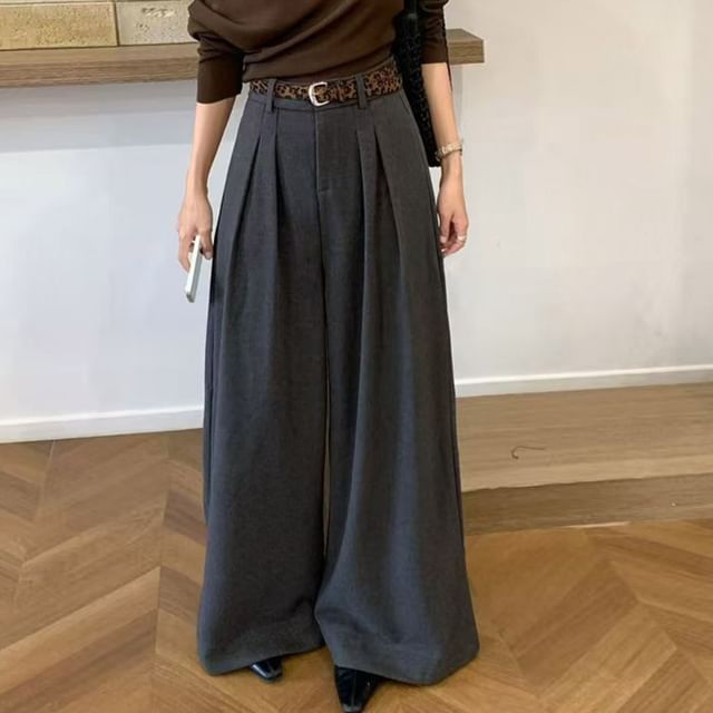 ANORA-High Rise Plain Wide Leg Slacks
