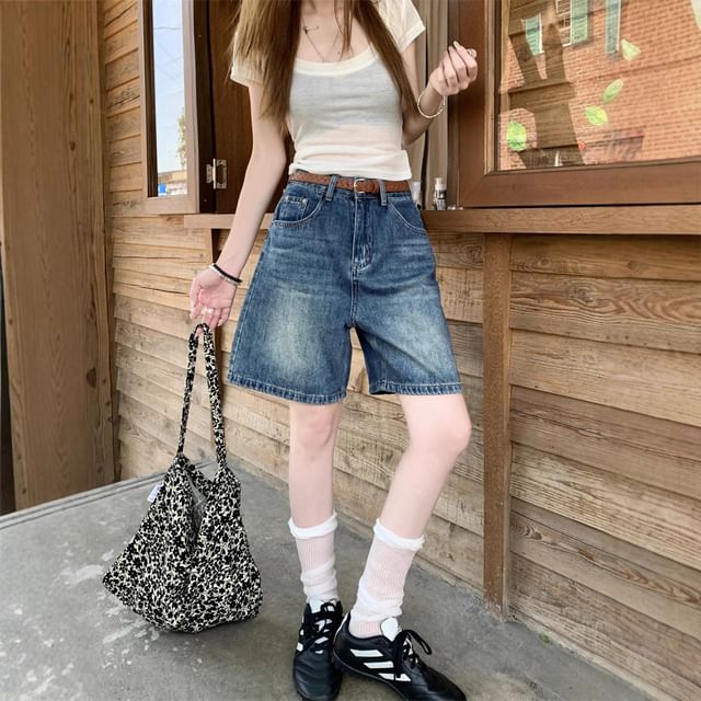 ANORA-High Waist Washed Denim Shorts