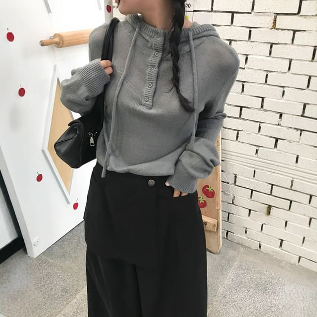 ANORA-Hooded Plain Henley Sweater