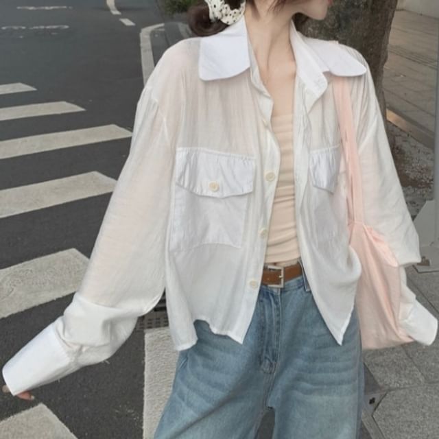 ANORA-Long Sleeve Collared Plain Flap Pocket Shirt